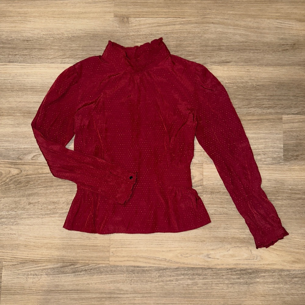 ba&sh Dandy Carmin Red Silk‎ Blouse Small Mock Neck Peplum Swiss Dot Top